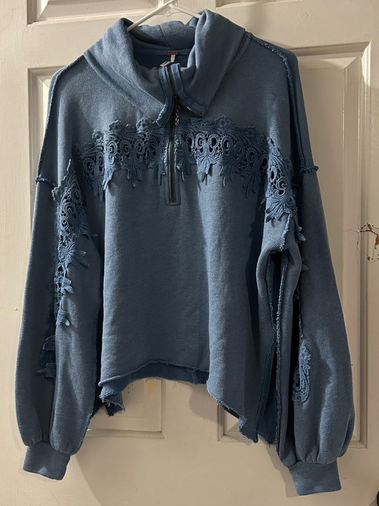 Free People Tops - Free People Washed Denim-Blue Lace Trim Half-Zip Pullover